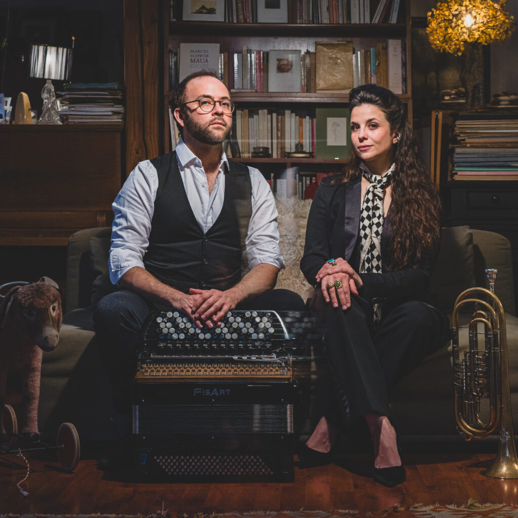 FRANCE - CLASSICAL MUSIC - PORTRAIT - MUSICIAN DUO - HELEN ESCRIVA BASS TRUMPET - PIERRE CUSSAC ACCORDION. Crédit photo : Maria Mosconi / Hans Lucas